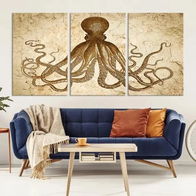 The Sepia Octopus Wall Art Abstract Animal Canvas Print, a three-panel masterpiece crafted on museum-quality canvases with UV-protective coating, elegantly hangs in a stylish living room. Ready to hang, it enhances the space's sophistication.