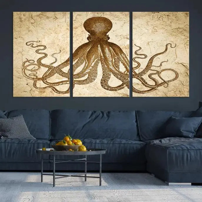 The Sepia Octopus Wall Art Abstract Animal Canvas Print, a three-panel masterpiece crafted on museum-quality canvases with UV-protective coating, elegantly hangs in a stylish living room. Ready to hang, it enhances the space's sophistication.