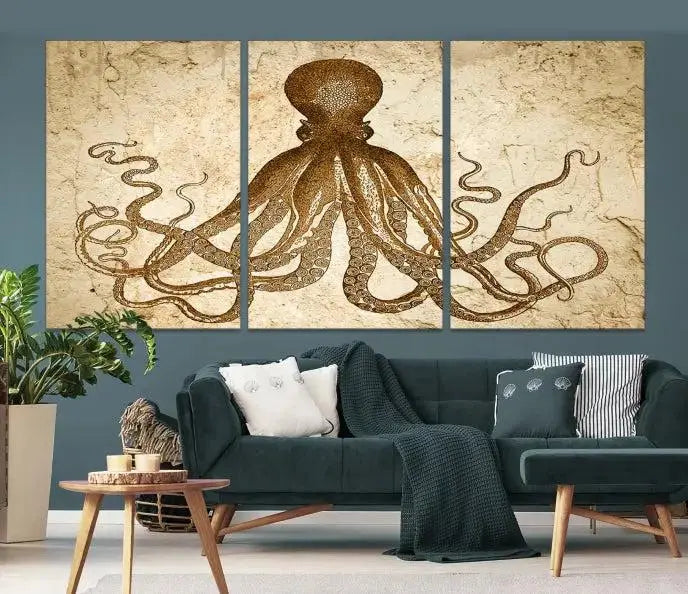 The Sepia Octopus Wall Art Abstract Animal Canvas Print, a three-panel masterpiece crafted on museum-quality canvases with UV-protective coating, elegantly hangs in a stylish living room. Ready to hang, it enhances the space's sophistication.