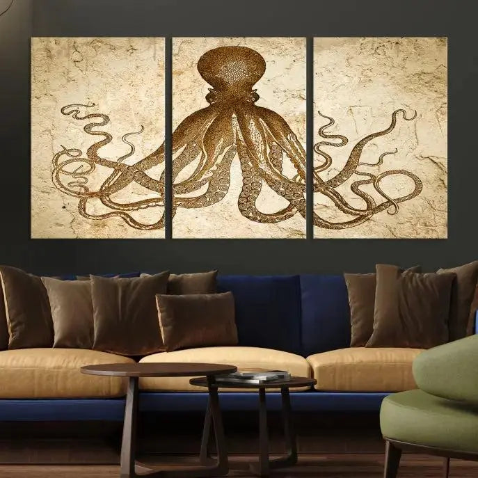 The Sepia Octopus Wall Art Abstract Animal Canvas Print, a three-panel masterpiece crafted on museum-quality canvases with UV-protective coating, elegantly hangs in a stylish living room. Ready to hang, it enhances the space's sophistication.