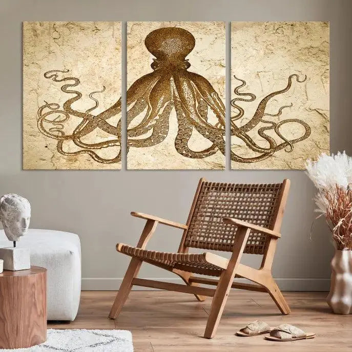 The Sepia Octopus Wall Art Abstract Animal Canvas Print, a three-panel masterpiece crafted on museum-quality canvases with UV-protective coating, elegantly hangs in a stylish living room. Ready to hang, it enhances the space's sophistication.