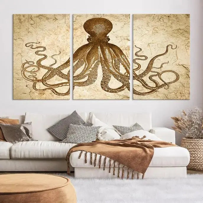 The Sepia Octopus Wall Art Abstract Animal Canvas Print, a three-panel masterpiece crafted on museum-quality canvases with UV-protective coating, elegantly hangs in a stylish living room. Ready to hang, it enhances the space's sophistication.