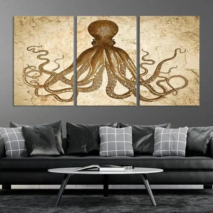 The Sepia Octopus Wall Art Abstract Animal Canvas Print, a three-panel masterpiece crafted on museum-quality canvases with UV-protective coating, elegantly hangs in a stylish living room. Ready to hang, it enhances the space's sophistication.