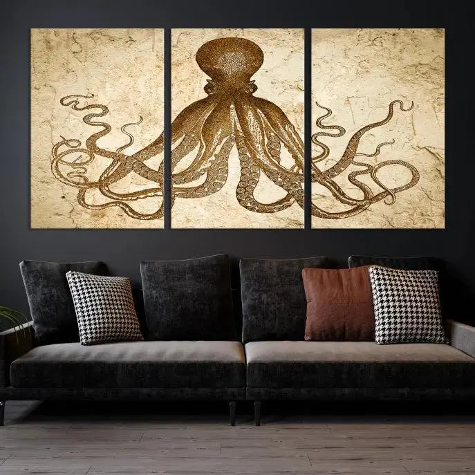 The Sepia Octopus Wall Art Abstract Animal Canvas Print, a three-panel masterpiece crafted on museum-quality canvases with UV-protective coating, elegantly hangs in a stylish living room. Ready to hang, it enhances the space's sophistication.