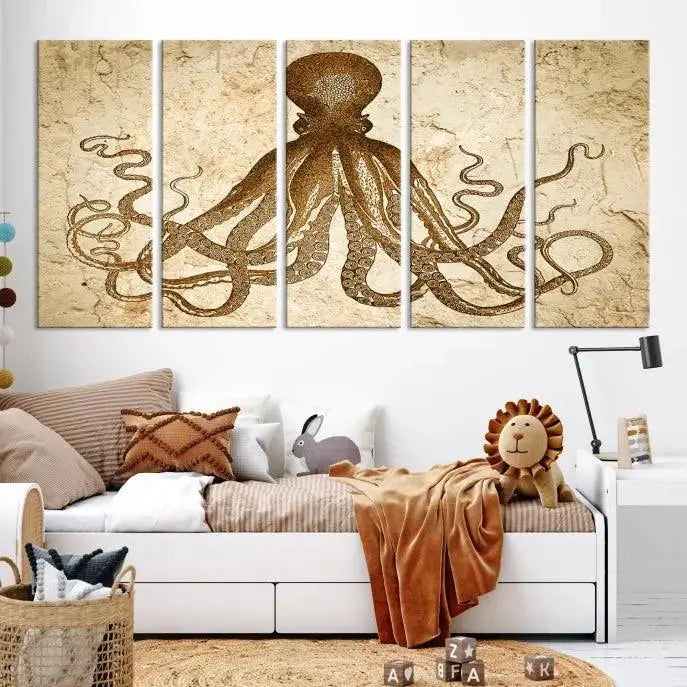 The Sepia Octopus Wall Art Abstract Animal Canvas Print, a three-panel masterpiece crafted on museum-quality canvases with UV-protective coating, elegantly hangs in a stylish living room. Ready to hang, it enhances the space's sophistication.