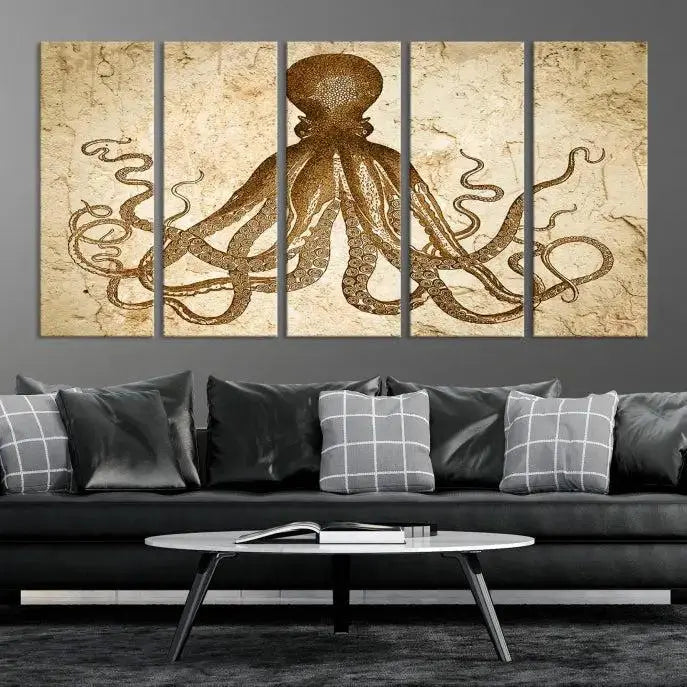 The Sepia Octopus Wall Art Abstract Animal Canvas Print, a three-panel masterpiece crafted on museum-quality canvases with UV-protective coating, elegantly hangs in a stylish living room. Ready to hang, it enhances the space's sophistication.