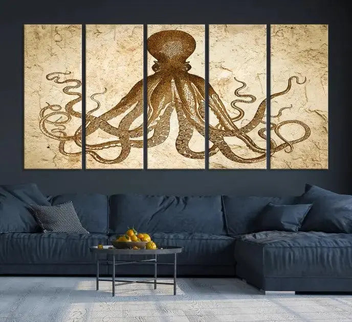 The Sepia Octopus Wall Art Abstract Animal Canvas Print, a three-panel masterpiece crafted on museum-quality canvases with UV-protective coating, elegantly hangs in a stylish living room. Ready to hang, it enhances the space's sophistication.