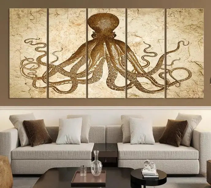 The Sepia Octopus Wall Art Abstract Animal Canvas Print, a three-panel masterpiece crafted on museum-quality canvases with UV-protective coating, elegantly hangs in a stylish living room. Ready to hang, it enhances the space's sophistication.