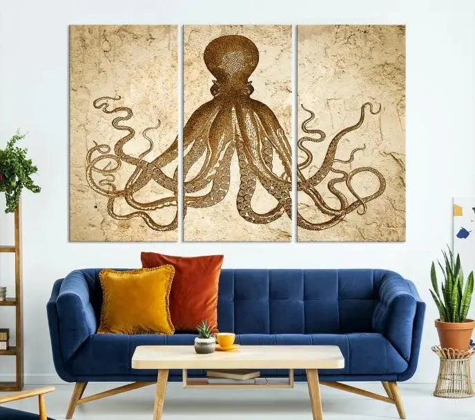 The Sepia Octopus Wall Art Abstract Animal Canvas Print, a three-panel masterpiece crafted on museum-quality canvases with UV-protective coating, elegantly hangs in a stylish living room. Ready to hang, it enhances the space's sophistication.