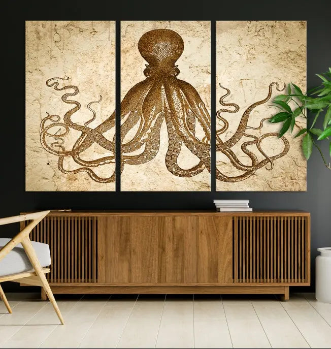 The Sepia Octopus Wall Art Abstract Animal Canvas Print, a three-panel masterpiece crafted on museum-quality canvases with UV-protective coating, elegantly hangs in a stylish living room. Ready to hang, it enhances the space's sophistication.