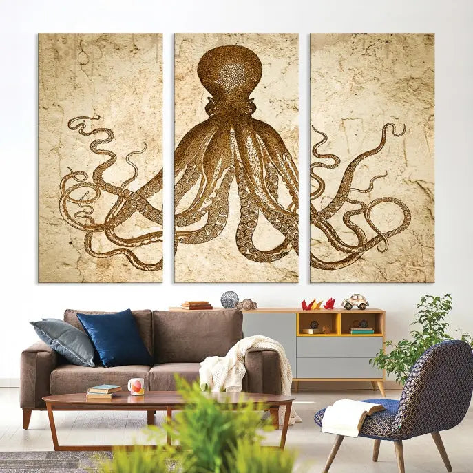 The Sepia Octopus Wall Art Abstract Animal Canvas Print, a three-panel masterpiece crafted on museum-quality canvases with UV-protective coating, elegantly hangs in a stylish living room. Ready to hang, it enhances the space's sophistication.