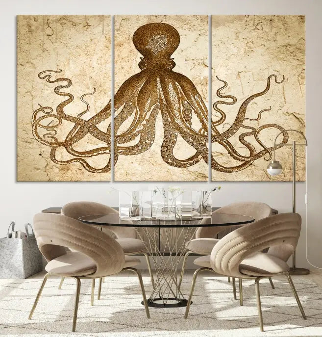 The Sepia Octopus Wall Art Abstract Animal Canvas Print, a three-panel masterpiece crafted on museum-quality canvases with UV-protective coating, elegantly hangs in a stylish living room. Ready to hang, it enhances the space's sophistication.