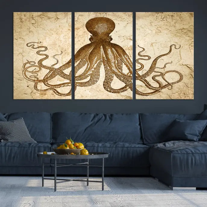 The Sepia Octopus Wall Art Abstract Animal Canvas Print, a three-panel masterpiece crafted on museum-quality canvases with UV-protective coating, elegantly hangs in a stylish living room. Ready to hang, it enhances the space's sophistication.