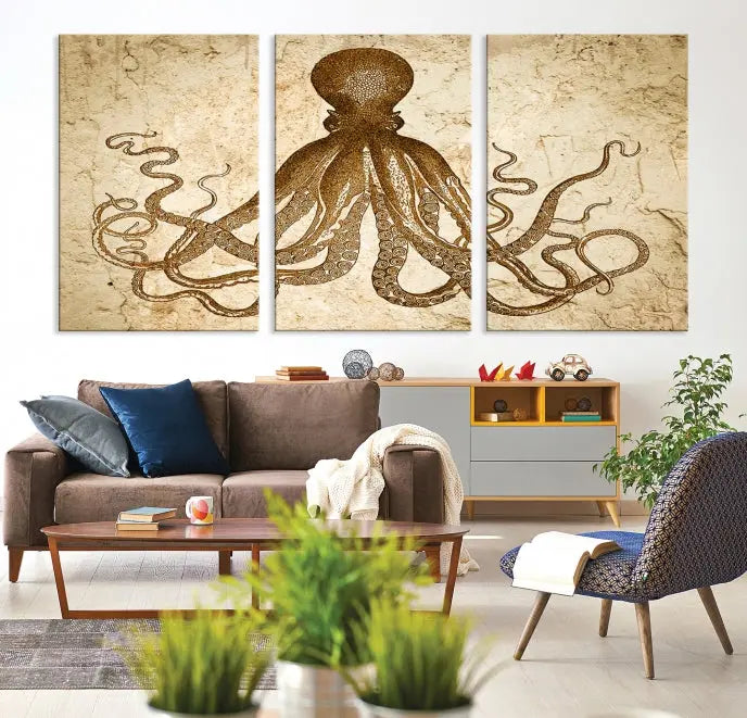 The Sepia Octopus Wall Art Abstract Animal Canvas Print, a three-panel masterpiece crafted on museum-quality canvases with UV-protective coating, elegantly hangs in a stylish living room. Ready to hang, it enhances the space's sophistication.