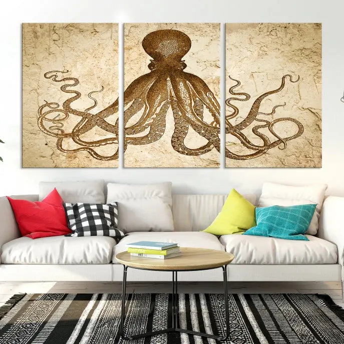 The Sepia Octopus Wall Art Abstract Animal Canvas Print, a three-panel masterpiece crafted on museum-quality canvases with UV-protective coating, elegantly hangs in a stylish living room. Ready to hang, it enhances the space's sophistication.