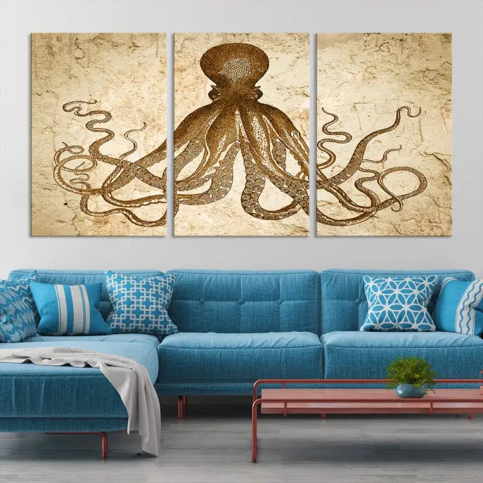 The Sepia Octopus Wall Art Abstract Animal Canvas Print, a three-panel masterpiece crafted on museum-quality canvases with UV-protective coating, elegantly hangs in a stylish living room. Ready to hang, it enhances the space's sophistication.