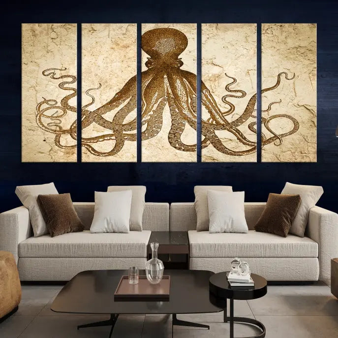 The Sepia Octopus Wall Art Abstract Animal Canvas Print, a three-panel masterpiece crafted on museum-quality canvases with UV-protective coating, elegantly hangs in a stylish living room. Ready to hang, it enhances the space's sophistication.