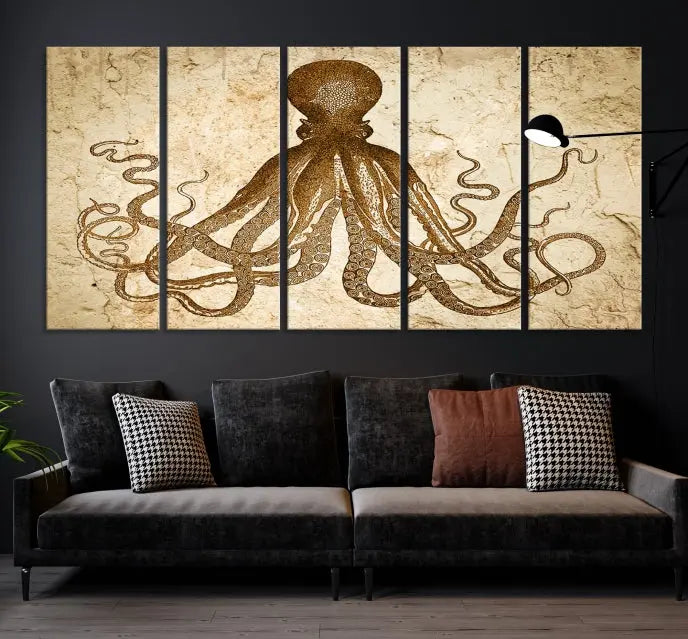 The Sepia Octopus Wall Art Abstract Animal Canvas Print, a three-panel masterpiece crafted on museum-quality canvases with UV-protective coating, elegantly hangs in a stylish living room. Ready to hang, it enhances the space's sophistication.