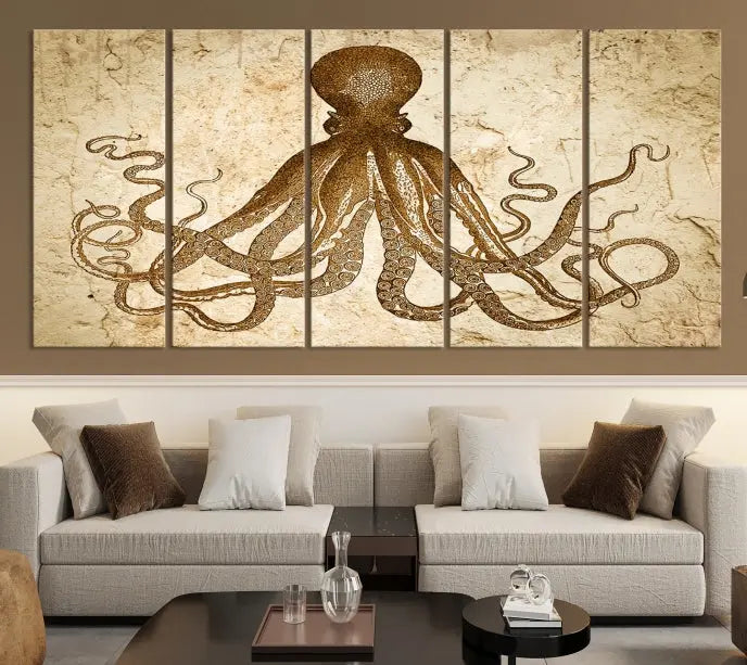 The Sepia Octopus Wall Art Abstract Animal Canvas Print, a three-panel masterpiece crafted on museum-quality canvases with UV-protective coating, elegantly hangs in a stylish living room. Ready to hang, it enhances the space's sophistication.