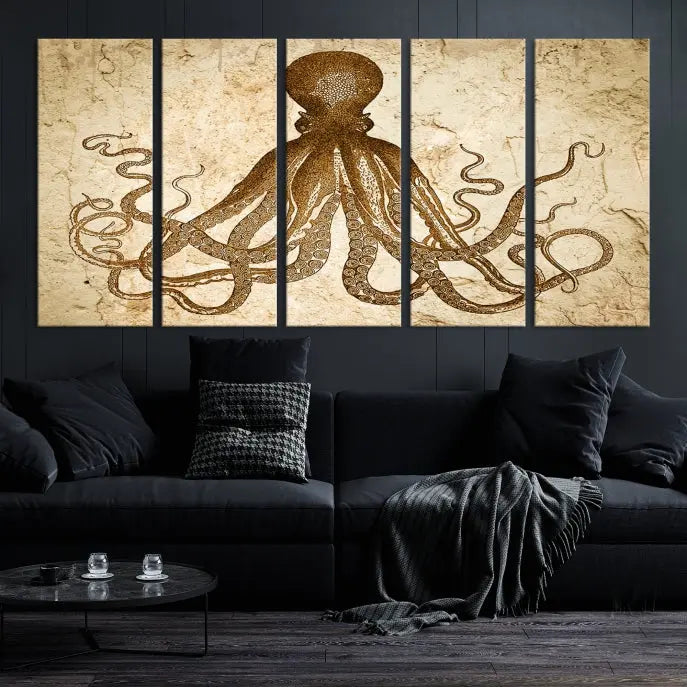 The Sepia Octopus Wall Art Abstract Animal Canvas Print, a three-panel masterpiece crafted on museum-quality canvases with UV-protective coating, elegantly hangs in a stylish living room. Ready to hang, it enhances the space's sophistication.