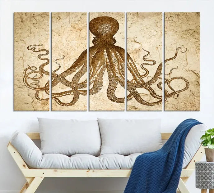 The Sepia Octopus Wall Art Abstract Animal Canvas Print, a three-panel masterpiece crafted on museum-quality canvases with UV-protective coating, elegantly hangs in a stylish living room. Ready to hang, it enhances the space's sophistication.