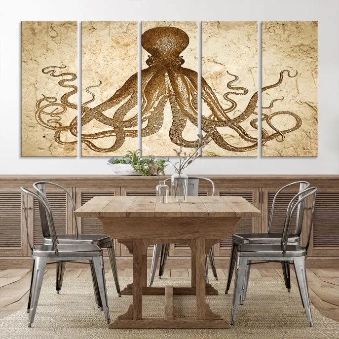 The Sepia Octopus Wall Art Abstract Animal Canvas Print, a three-panel masterpiece crafted on museum-quality canvases with UV-protective coating, elegantly hangs in a stylish living room. Ready to hang, it enhances the space's sophistication.