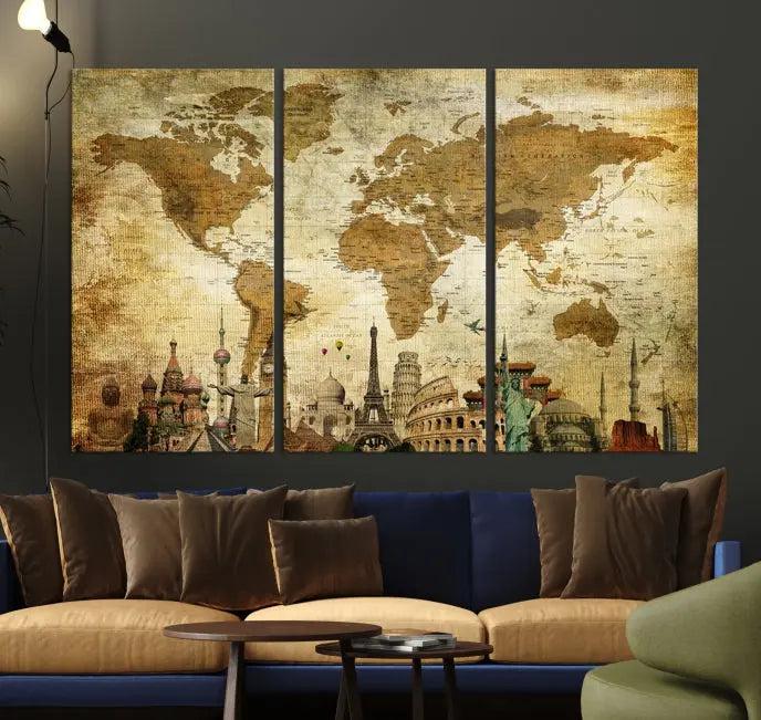 The Sepia World Map Wall Art Wonder of World Canvas Print, crafted with a museum-quality finish and UV-protective coating, is elegantly displayed.