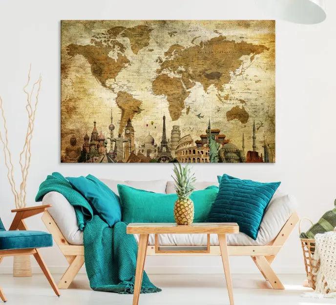 The Sepia World Map Wall Art Wonder of World Canvas Print, crafted with a museum-quality finish and UV-protective coating, is elegantly displayed.