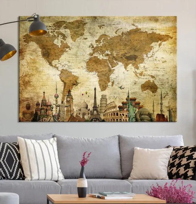 The Sepia World Map Wall Art Wonder of World Canvas Print, crafted with a museum-quality finish and UV-protective coating, is elegantly displayed.