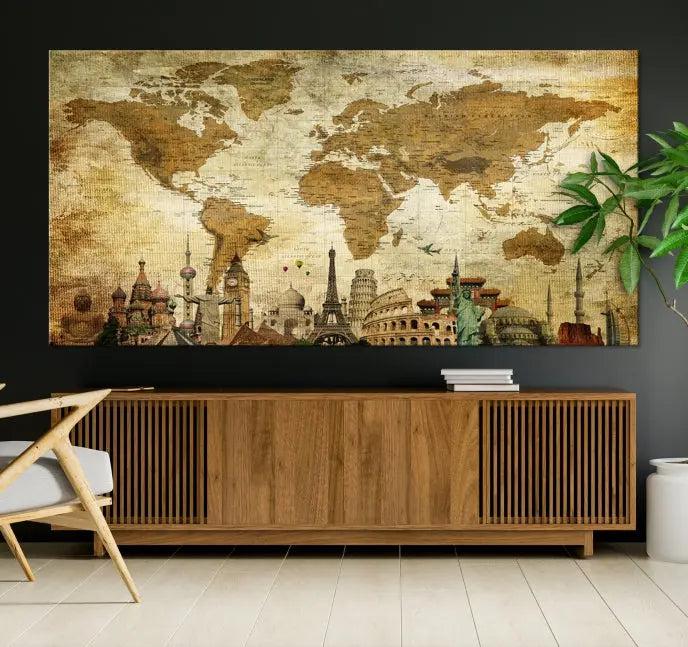 The Sepia World Map Wall Art Wonder of World Canvas Print, crafted with a museum-quality finish and UV-protective coating, is elegantly displayed.