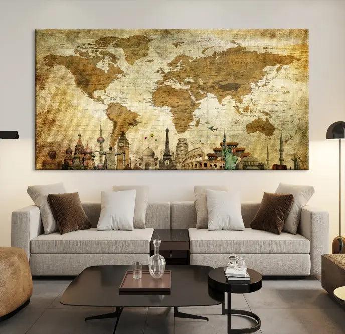 The Sepia World Map Wall Art Wonder of World Canvas Print, crafted with a museum-quality finish and UV-protective coating, is elegantly displayed.