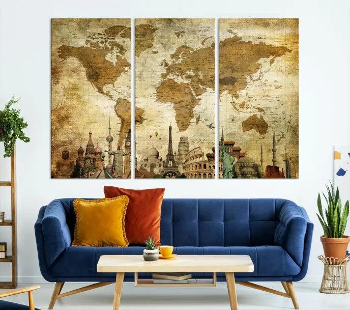 The Sepia World Map Wall Art Wonder of World Canvas Print, crafted with a museum-quality finish and UV-protective coating, is elegantly displayed.