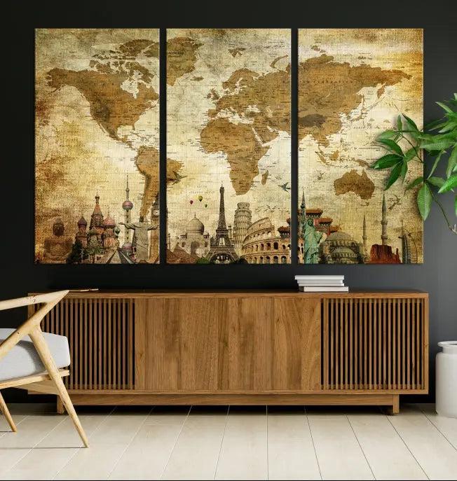 The Sepia World Map Wall Art Wonder of World Canvas Print, crafted with a museum-quality finish and UV-protective coating, is elegantly displayed.