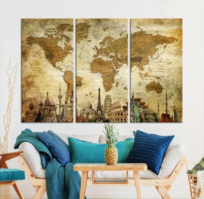 The Sepia World Map Wall Art Wonder of World Canvas Print, crafted with a museum-quality finish and UV-protective coating, is elegantly displayed.