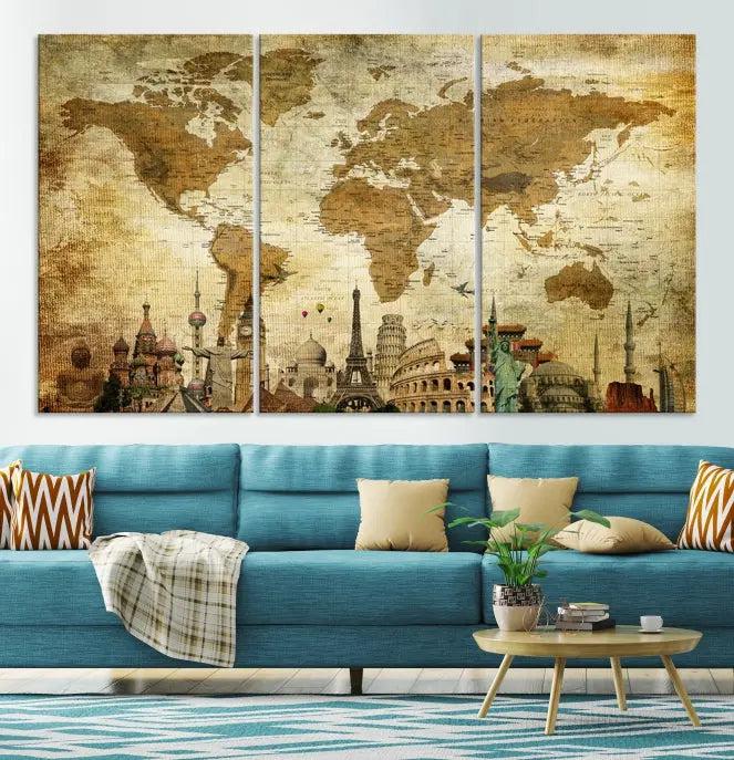 The Sepia World Map Wall Art Wonder of World Canvas Print, crafted with a museum-quality finish and UV-protective coating, is elegantly displayed.