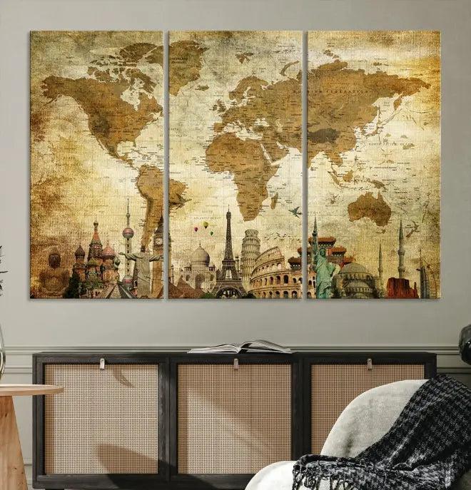 The Sepia World Map Wall Art Wonder of World Canvas Print, crafted with a museum-quality finish and UV-protective coating, is elegantly displayed.