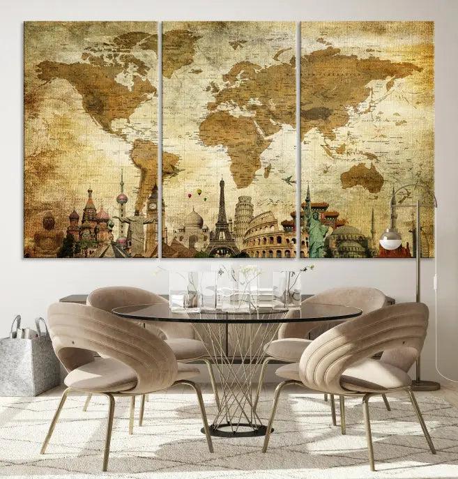 The Sepia World Map Wall Art Wonder of World Canvas Print, crafted with a museum-quality finish and UV-protective coating, is elegantly displayed.