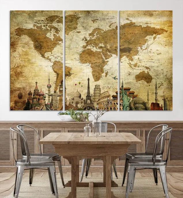 The Sepia World Map Wall Art Wonder of World Canvas Print, crafted with a museum-quality finish and UV-protective coating, is elegantly displayed.