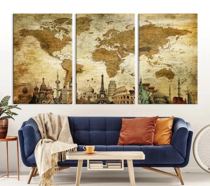 The Sepia World Map Wall Art Wonder of World Canvas Print, crafted with a museum-quality finish and UV-protective coating, is elegantly displayed.