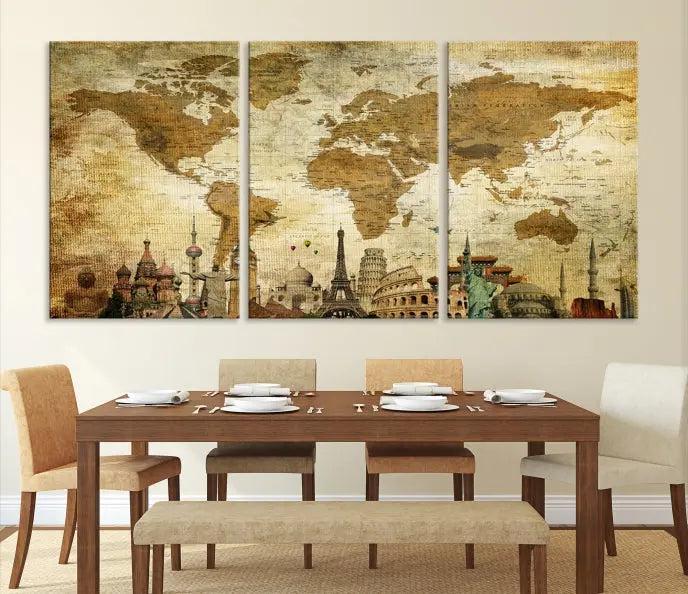 The Sepia World Map Wall Art Wonder of World Canvas Print, crafted with a museum-quality finish and UV-protective coating, is elegantly displayed.