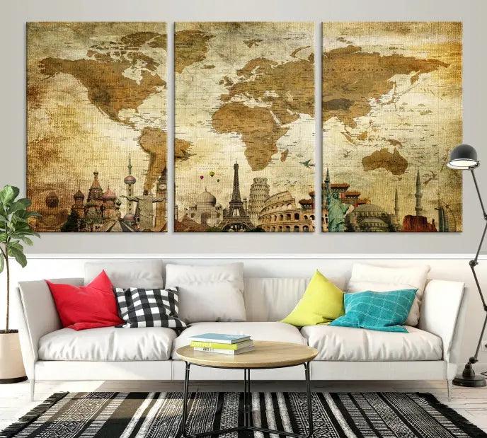 The Sepia World Map Wall Art Wonder of World Canvas Print, crafted with a museum-quality finish and UV-protective coating, is elegantly displayed.