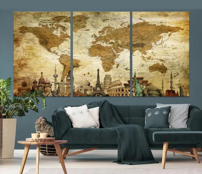 The Sepia World Map Wall Art Wonder of World Canvas Print, crafted with a museum-quality finish and UV-protective coating, is elegantly displayed.