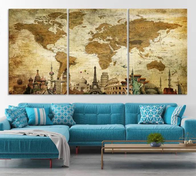 The Sepia World Map Wall Art Wonder of World Canvas Print, crafted with a museum-quality finish and UV-protective coating, is elegantly displayed.