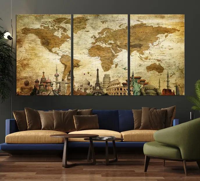 The Sepia World Map Wall Art Wonder of World Canvas Print, crafted with a museum-quality finish and UV-protective coating, is elegantly displayed.