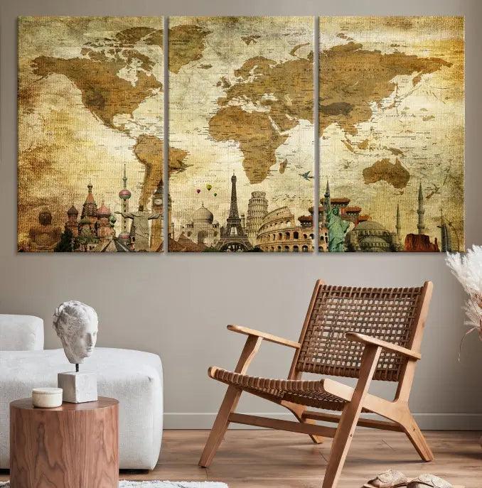 The Sepia World Map Wall Art Wonder of World Canvas Print, crafted with a museum-quality finish and UV-protective coating, is elegantly displayed.