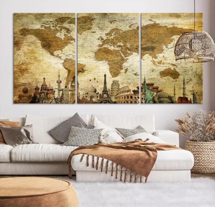 The Sepia World Map Wall Art Wonder of World Canvas Print, crafted with a museum-quality finish and UV-protective coating, is elegantly displayed.