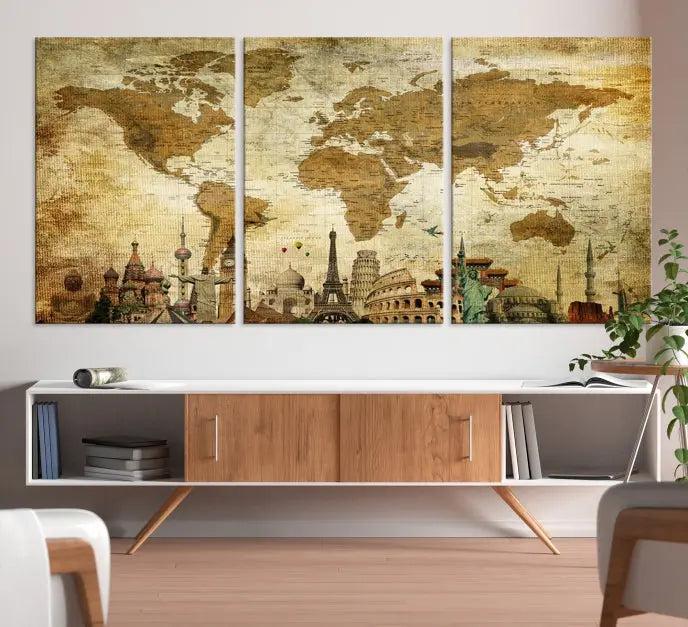 The Sepia World Map Wall Art Wonder of World Canvas Print, crafted with a museum-quality finish and UV-protective coating, is elegantly displayed.