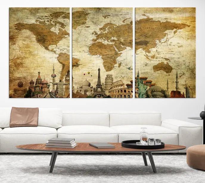 The Sepia World Map Wall Art Wonder of World Canvas Print, crafted with a museum-quality finish and UV-protective coating, is elegantly displayed.