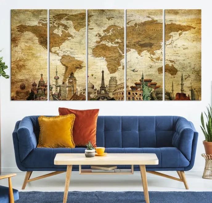 The Sepia World Map Wall Art Wonder of World Canvas Print, crafted with a museum-quality finish and UV-protective coating, is elegantly displayed.