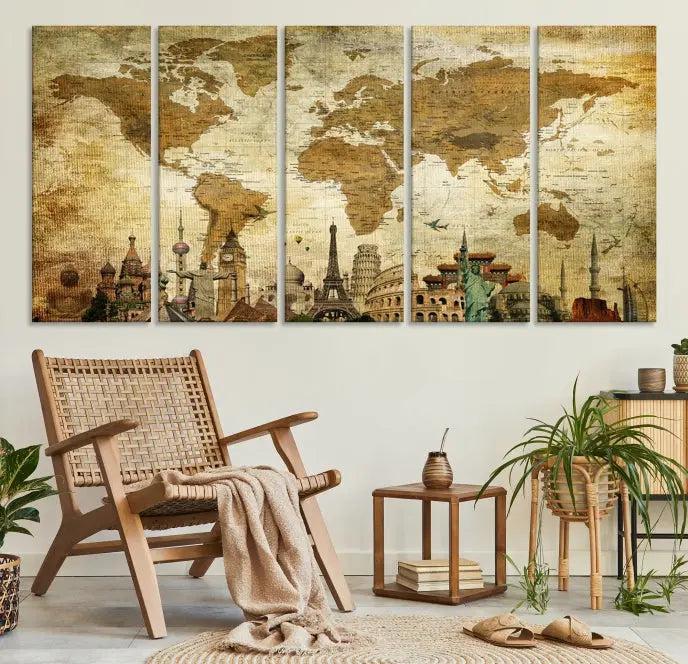 The Sepia World Map Wall Art Wonder of World Canvas Print, crafted with a museum-quality finish and UV-protective coating, is elegantly displayed.